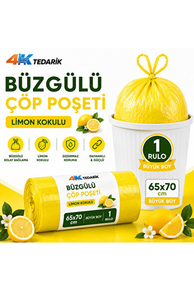 4K TEDARİK Büzgülü Çöp Poşeti Limon Kokulu 65×70 cm Büyük Boy 1 Rulo 10 Adet ...