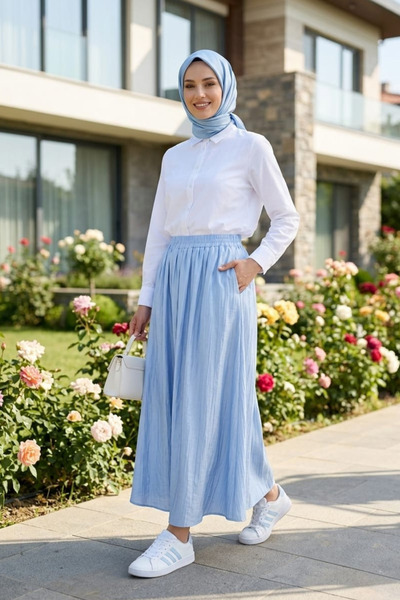 Hb Harma Time Butik تنورة نسائية زرقاء من قماش الفراولة بخصر مطاطي