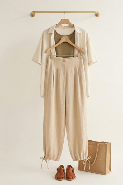 Raneel Kazançlı Alışveriş Women's Tie-Cuff Casual Palazzo Trousers Beige