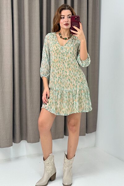Raneel Kazançlı Alışveriş Lined V-Neck Special Design Chiffon Dress Green