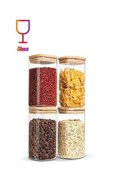 ZIMNEST 4-Piece Set of Square Glass Storage Jars with Wooden Lids, 1500ML/51O...