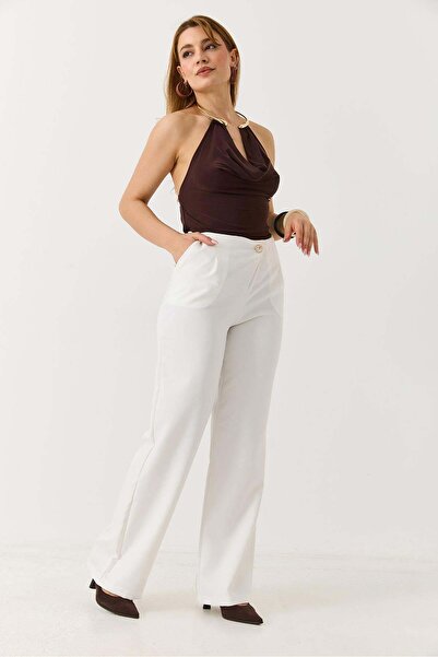 Raneel Kazançlı Alışveriş Women's white relaxed fit fabric pants with cross z...