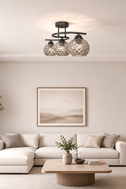 Fer Avize Fuji Modern Kabartma Camlı Dekoratif 3'lü Avize Salon Yatak Odası M...