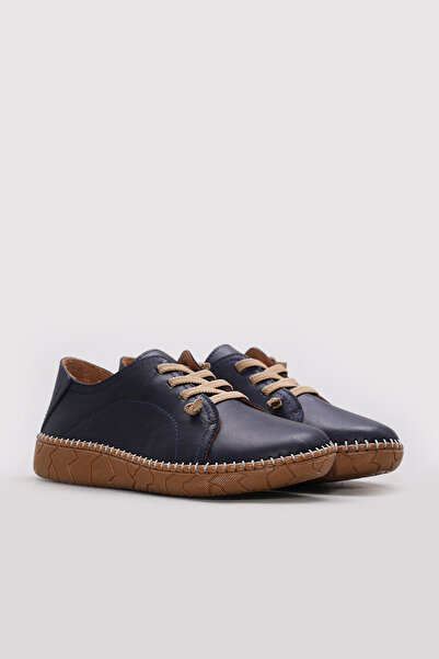 Ayakkabıhane Inside and Outside Genuine Leather Navy Blue Lace-Up Women's Cas...