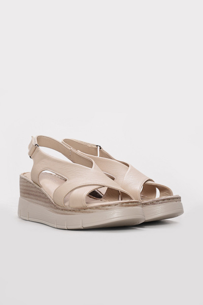 Ayakkabıhane Inside and Outside Genuine Leather Beige Women's Wedge Heeled Sa...