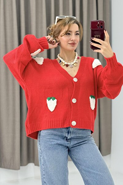 Raneel Kazançlı Alışveriş Strawberry Motif Oversize Knitwear Cardigan Red