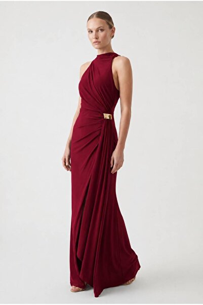 SpringStore Bordo Halter Yaka Beli Tokalı Abiye