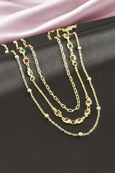 Marsilyan Square Crystal Stone Triple Necklace Ilkel-Bjt940