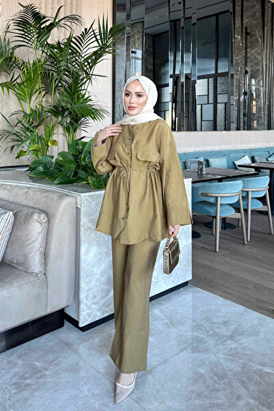 İmajButik Oil Green Waist-Tie Tunic and Trousers Set