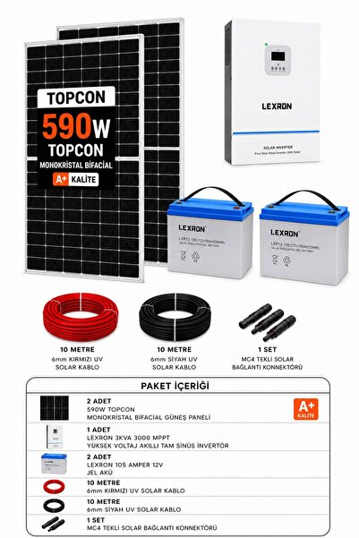 Lexron 3kva 3000w Mppt + 12v 100ah Lityum Akü + 2x590w Güneş Paneli Solar Ene...