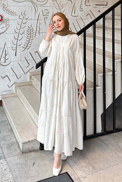 lamelif Katleya Model Embroidered Dress Ecru