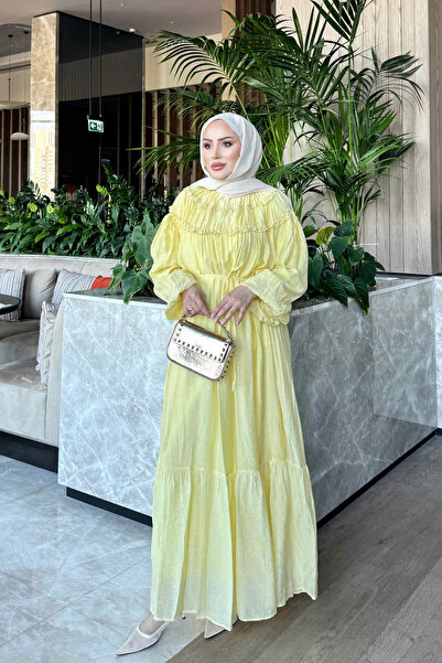 İmajButik Sarı Yaka Fırfırlı Bel Bağlamalı Elbise