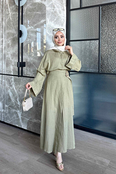 İmajButik Khaki Shirt and Skirt Linen Set