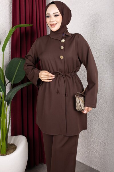 Rabia Zülal New Season Suit with Side Buttons on the Front - Brown Rbz2608Y