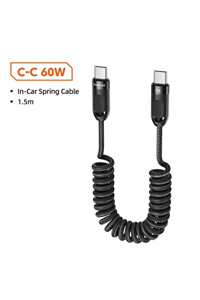 Toocki 60W Type-C To Type-C Hızlı Şarj ve Veri Kablosu - 1.5m Spiralli Uzayab...