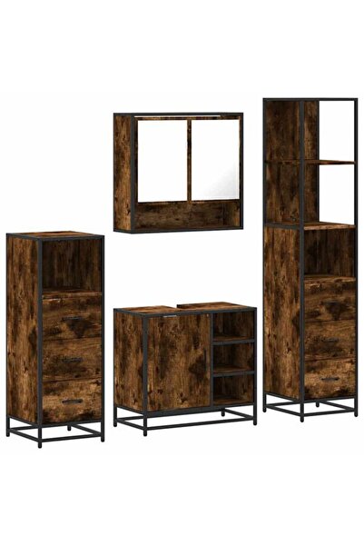 vidaxl Set mobilier de baie din 4 piese, din lemn prelucrat de stejar afumat