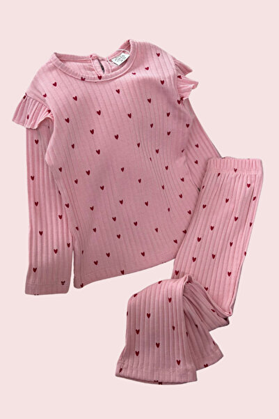 NOBLEKIDS Heart Patterned Ruffle Shoulder Blouse and Spanish Flare Leggings Set