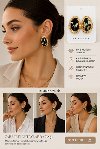 kasımoğulları concept Black Marble Patterned Gold Framed Women's Earrings
