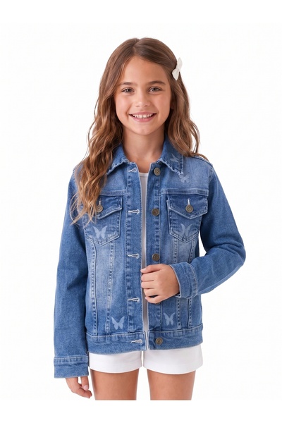 ONLOOX Kız Çocuk Mavi Denim Gömlek Yaka Regular Kesim Kelebek Baskılı Jean Ce...