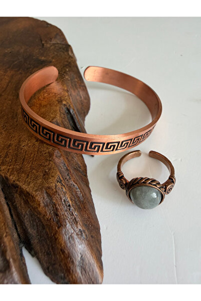 Rupen Kraft Natural agate stone 100% pure copper bracelet ring combo adjustab...