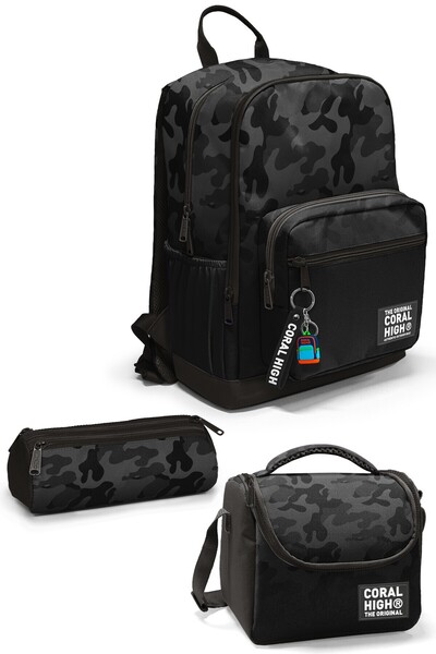 Coral High 3-Piece School Bag Set 4-Compartment Bag+Thermo Nutrition+Pencil B...