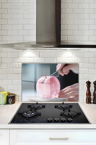 kutuTR Ocak Arkası Temperli Cam Koruyucu Uv Baskı –Pembe Kristal Elma Temalı ...