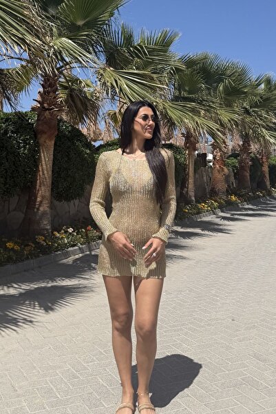 Gizem Süvari GOLD IŞILTILI TRANSPARAN PLAJ ELBİSESİ