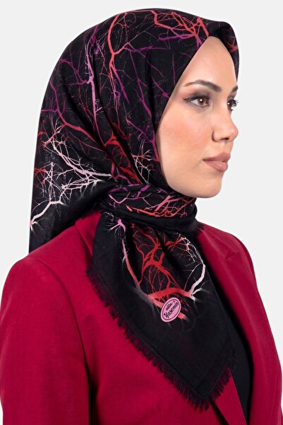 hadiora وشاح نسائي أسود بتصميم فروع شجرة حمراء