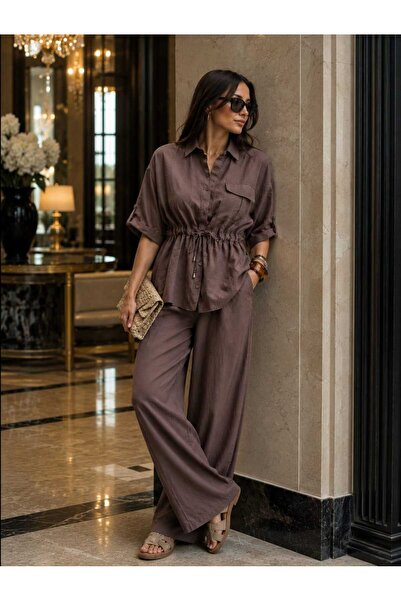 Budan Export Women's Pocket Detailed Tie-Waist Shirt Collar Double Set Loose ...