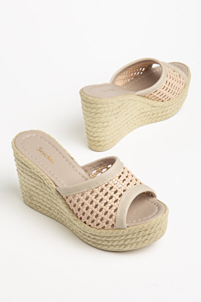 SNİCKER Beige Wedge Sole Knitted Casual Slippers Shoes Odds
