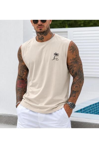 caddekombin Men's Minimal Palm Print Zero Sleeve Round Neck Beige Color T-Shi...