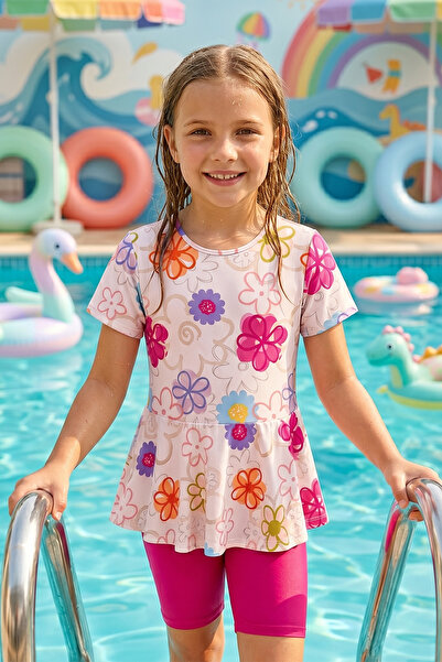 Haliç Mayo Short Sleeve Top and Tights Young Girl's Swimsuit 3498 Fuchsia02