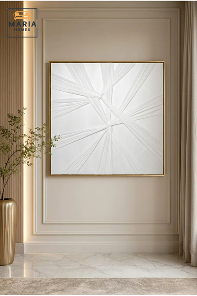 MARIA HOMES Modern White Geometric Relief Wall Art with Gold Frame – Luxury A...