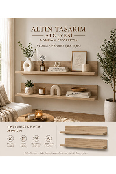 Altın Tasarım Atölyesi Nova 2’li Duvar Rafı - Atlantik Çam - 100 cm Dekoratif...