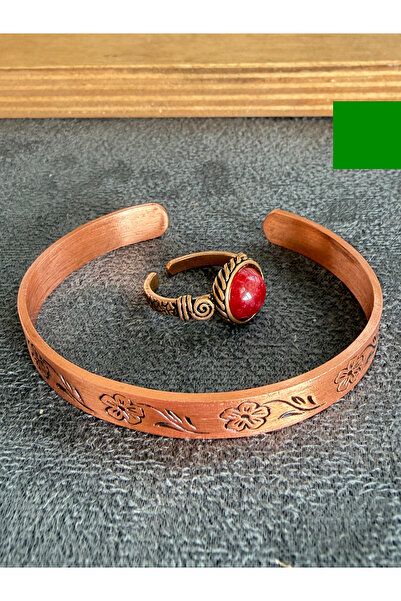 Rupen Kraft Handcrafted copper bracelet and natural stone ring set, adjustabl...
