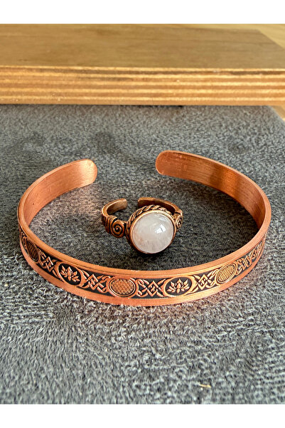 Rupen Kraft Handcrafted copper bracelet and natural stone ring set, adjustabl...