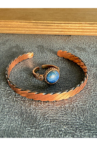 Rupen Kraft Handcrafted copper bracelet and natural stone ring set, adjustabl...