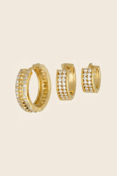 Hetra Gold Color Double Row Zircon Stone 3-Piece Hoop Earring Set