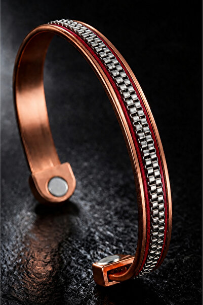 İyyaKee Men's and Women's Red Copper Bracelet with Leather Strips on Top, Dou...