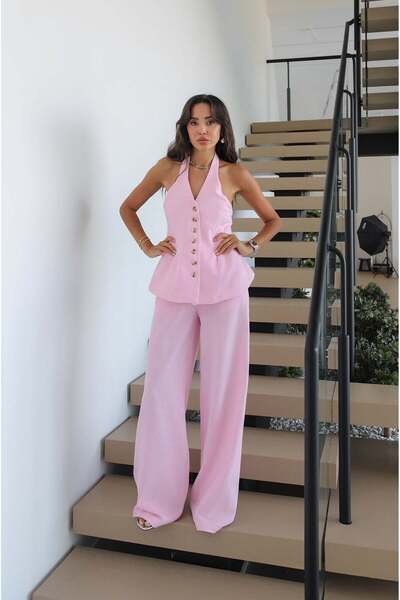 Havoş Pink Riven Vest Pants Linen Set