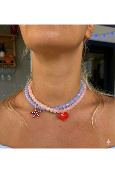 SLNSTYLE Cam boncuk lila pembe deniz yıldızı murano kalp boncuklu kolye ne
