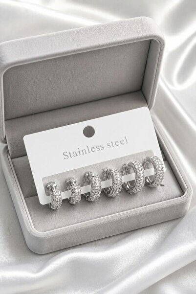 LYKOS Steel Silver Color Zircon Stone Hoop Earrings Set