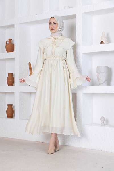 QUAWEAR Lace Detailed Cape Collar Flounce Sleeves Gathered Waist Lace-Up Line...