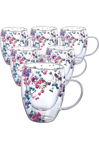 3Diamonds Double Wall Glass Coffee Mugs 350ml with Real Dry Flowers Set of 6,...