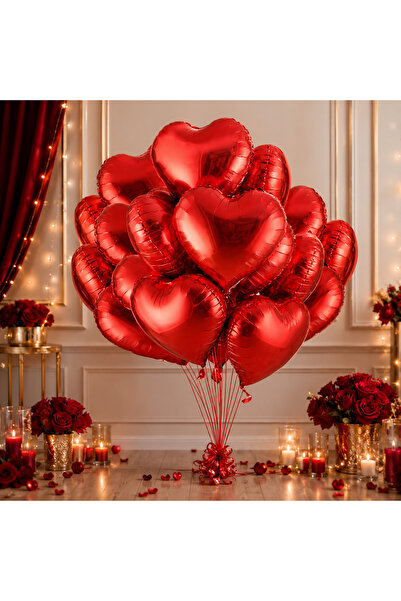 Kuzey Vip Quality 46 cm Balloons 16 Pieces Shiny Metallic Red Heart Foil Ball...