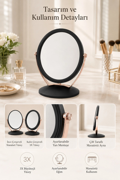 Tilbe Home 3X Büyüteçli Çift Taraflı Masaüstü Makyaj Aynası Daire Siyah Rose Gold Standlı Dekoratif Yakın Ayna