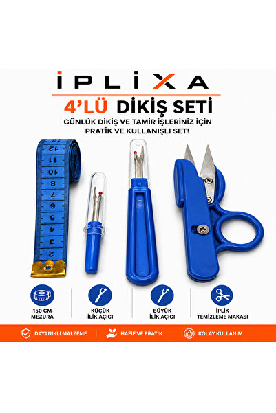 İPLİXA 4’lü Dikiş Tamir Seti – Mezura, Büyük & Küçük Ilik Açıcı ve Iplik Temi...