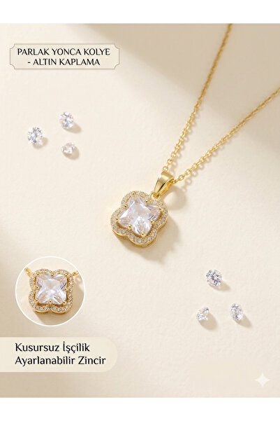 CM Jewelry Altın Kaplama Parlak Yonca Kolye - Zirkon Taşlı Şık Tasarım