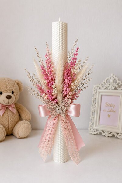 TFL Lumanare Botez Fetita Tip Fagure, Decor Floral Roz, Fundita Satin si Flut...