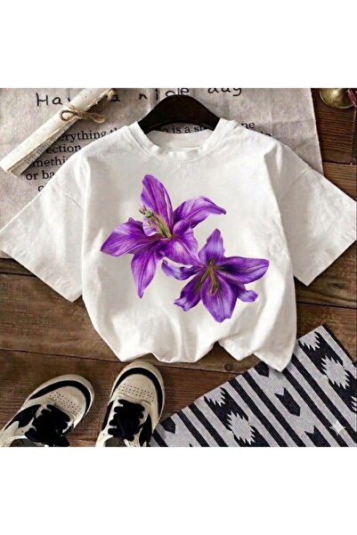 LELVANİ Women's Red Lily Flower Printed T-Shirt